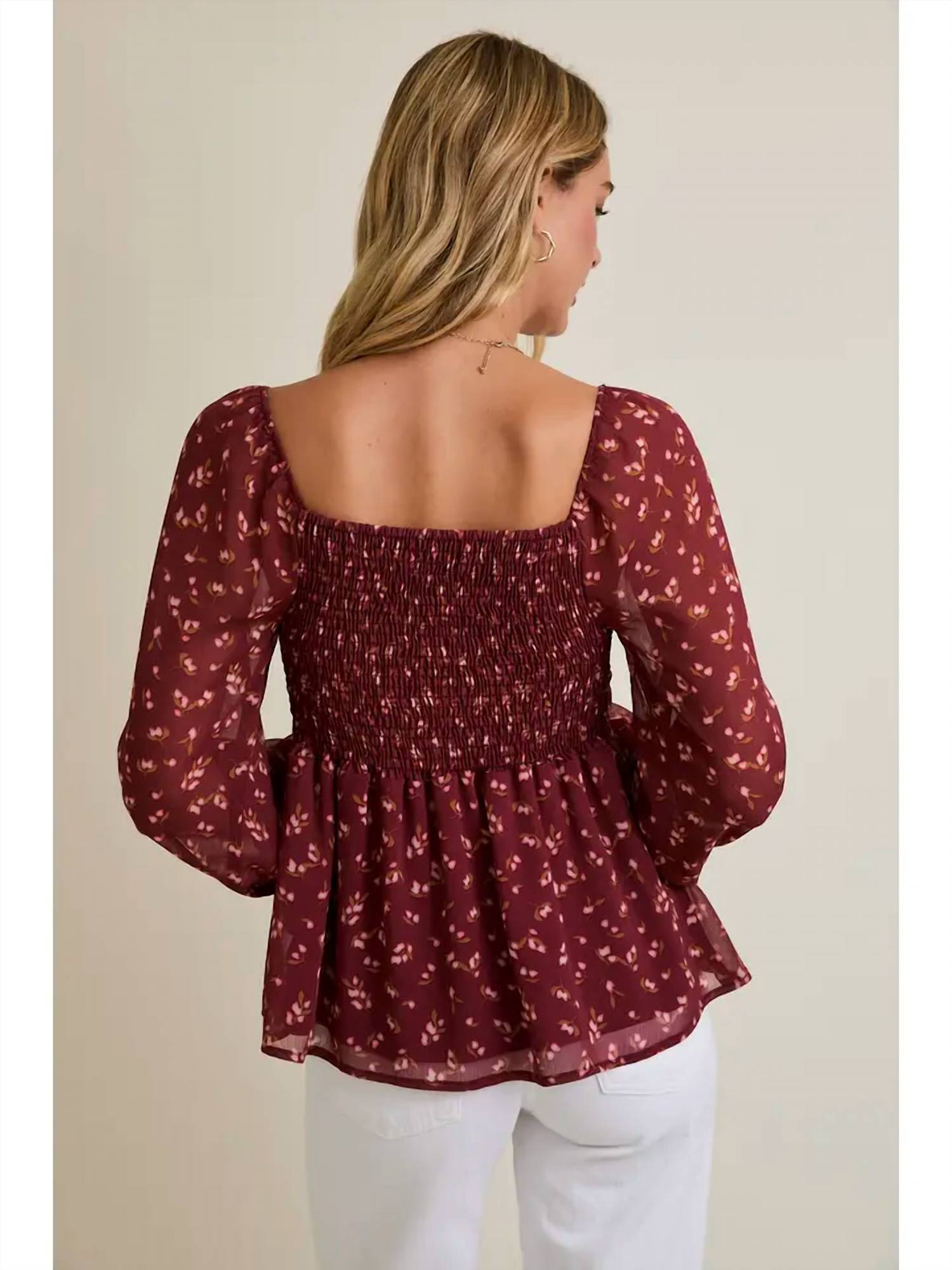 Gilli - Square Neck Puff Long Sleeve Smocking Back Ditsy Top