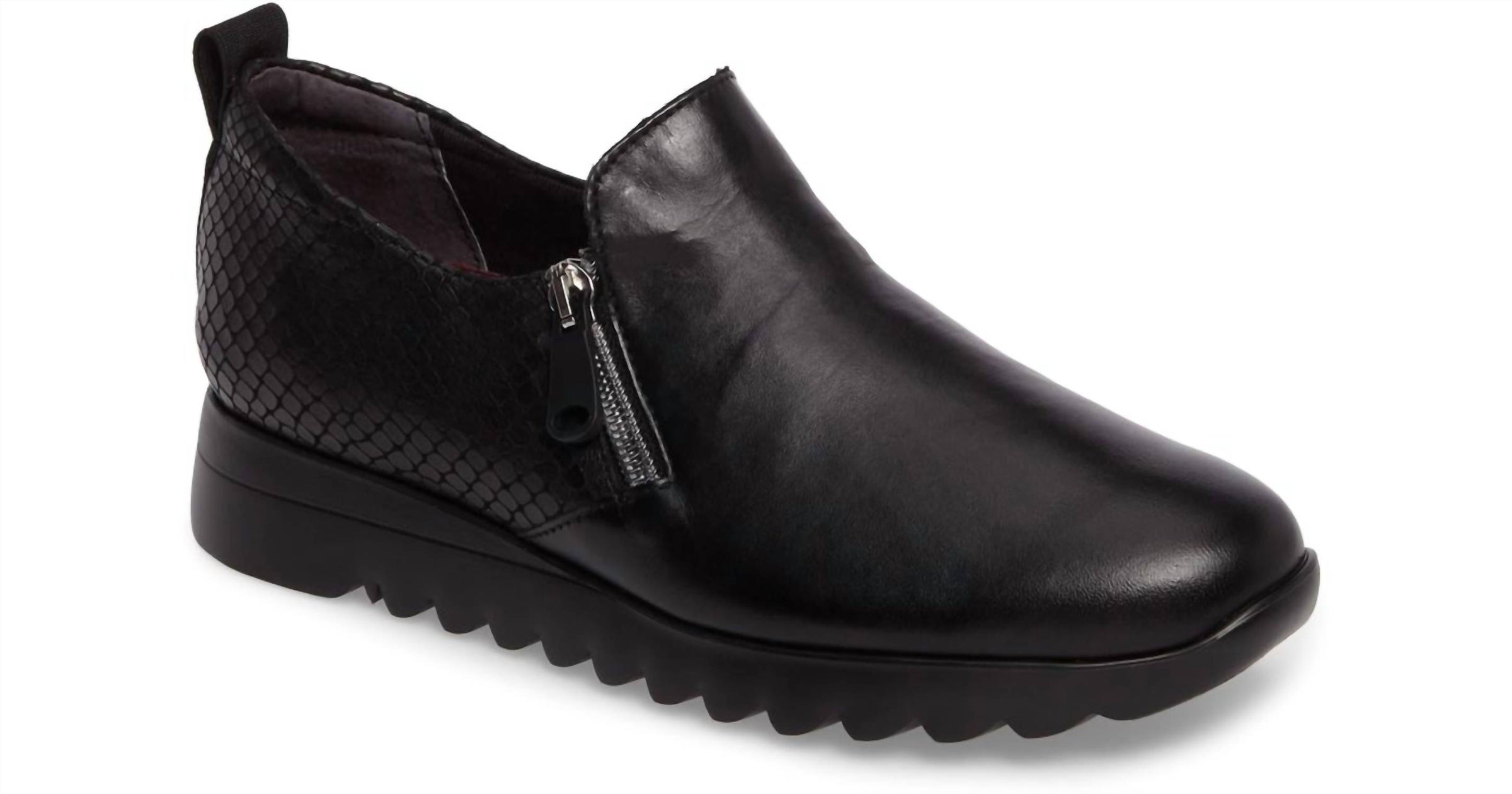 Munro Women's Kit Side Zipper Loafer in black leather viper - women's flats - detail view