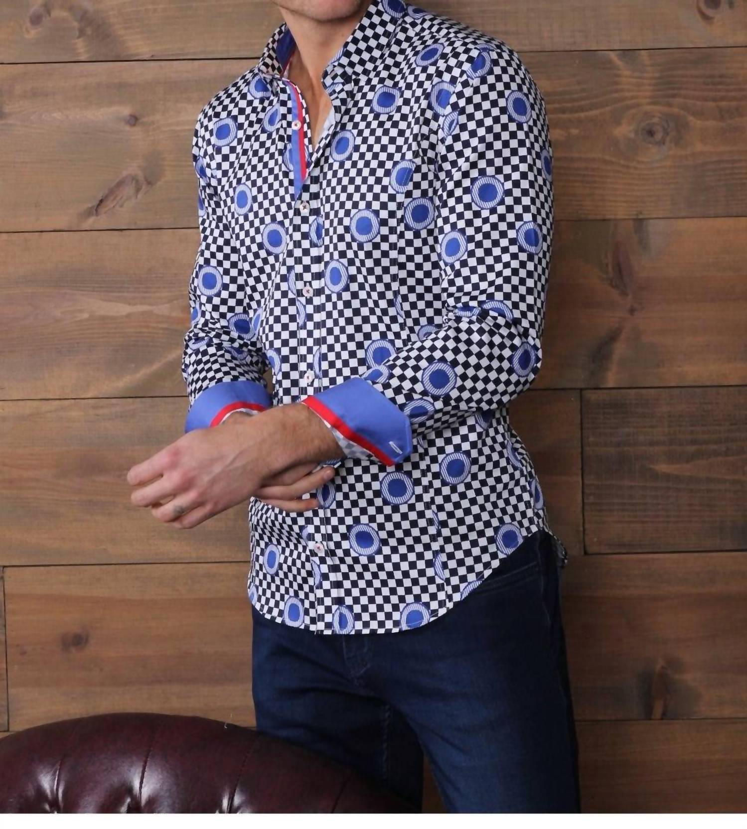 Eight X - Digital Print Button Down Shirt With Checkerboard Design