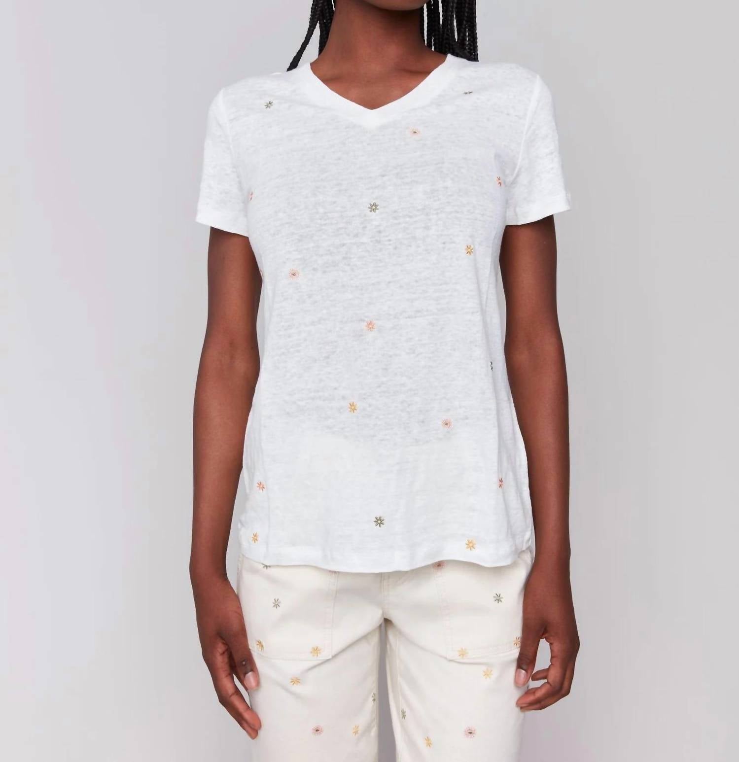 CHARLIE B Short Sleeve Tee With Embroidered Flowers in multi on natural - women's t-shirt - detail view
