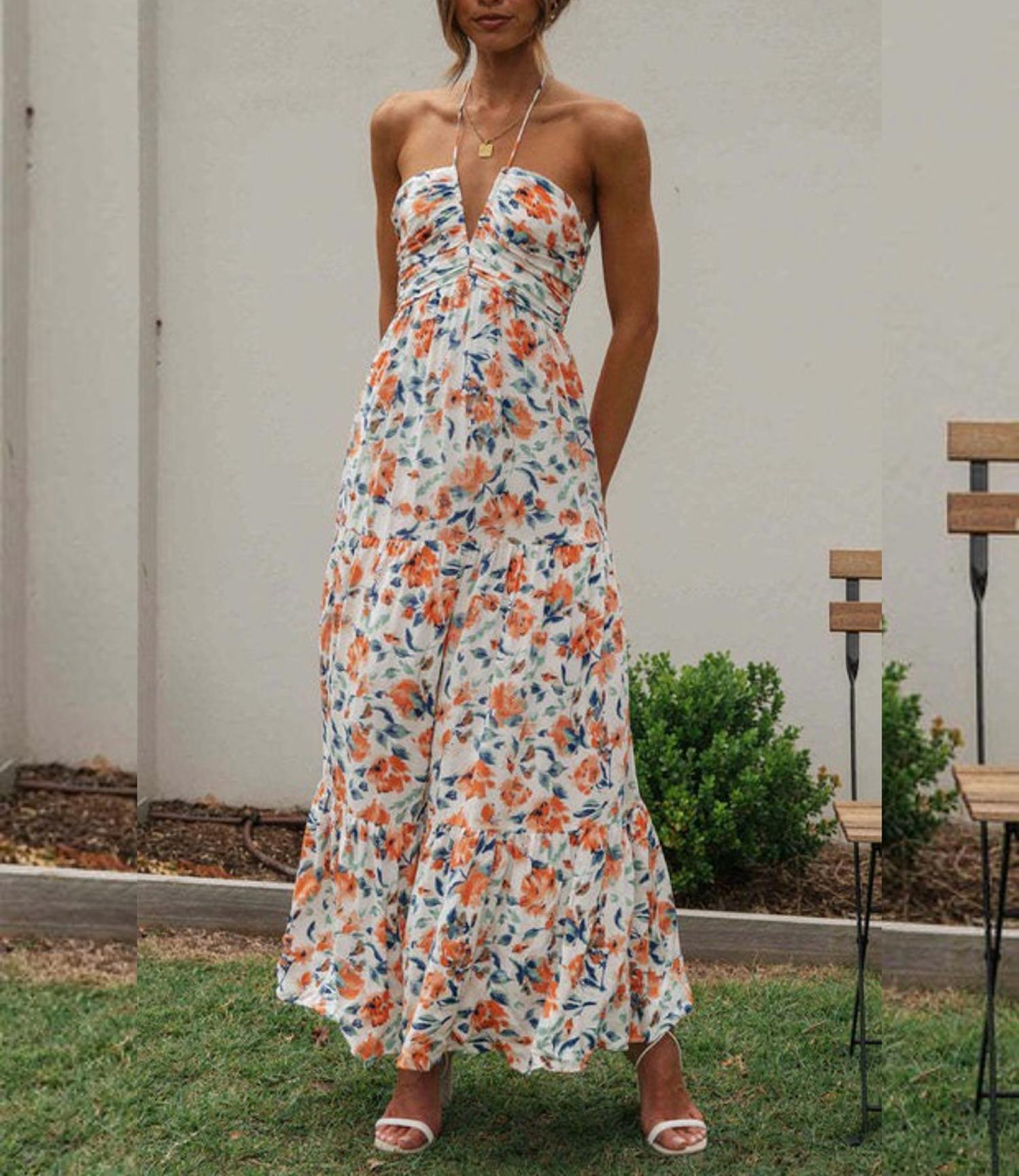 Dresslily - Chiffon V Neck Floral Maxi Dress