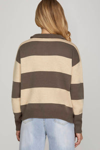 She + Sky - LONG SLEEVE HALF ZIP STRIPED SWEATER