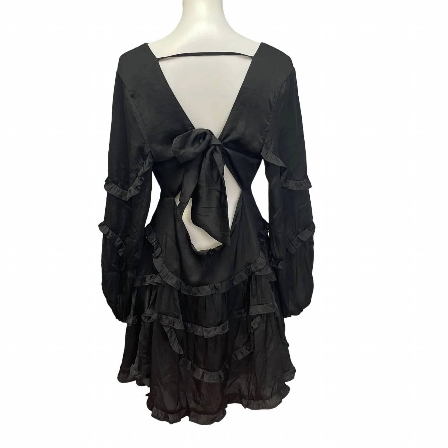 Db Studio - Women's Long Sleeve Deep V Ruffled Goth Mini Formal Dress