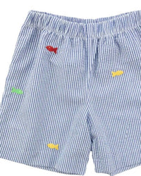 Florence Eiseman Kid's Under The Sea Fish Seersucker Shorts in blue - kids' shorts - detail view