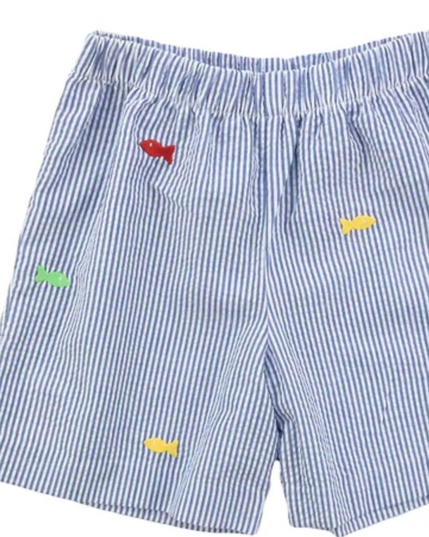 Florence Eiseman Kid's Under The Sea Fish Seersucker Shorts in blue - kids' shorts - detail view