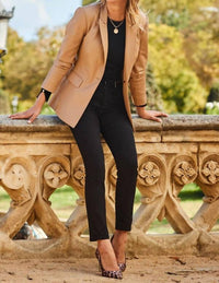 Sosandar Premium Faux Leather Blazer in tan - women's jacket - detail view