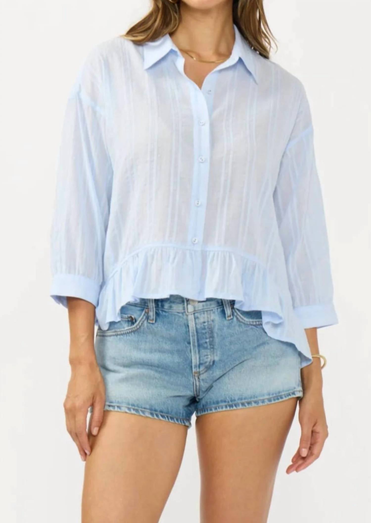 Lovestitch - Ruffle Sleeve Embroidered Pintuck Button Down Top
