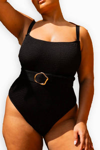 Fashion Szn Curve - Square Neck Crinkle Belted Swimsuit
