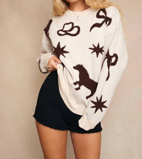 Le Lis - Long Sleeve Crew Neck Multi Cowboy Pattern Sweater