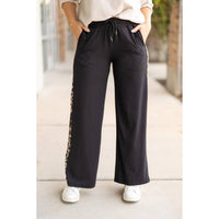 Julia Rose Chelsea Wide Leg With Leopard Panel Loungers in black - women's pants - view 5
