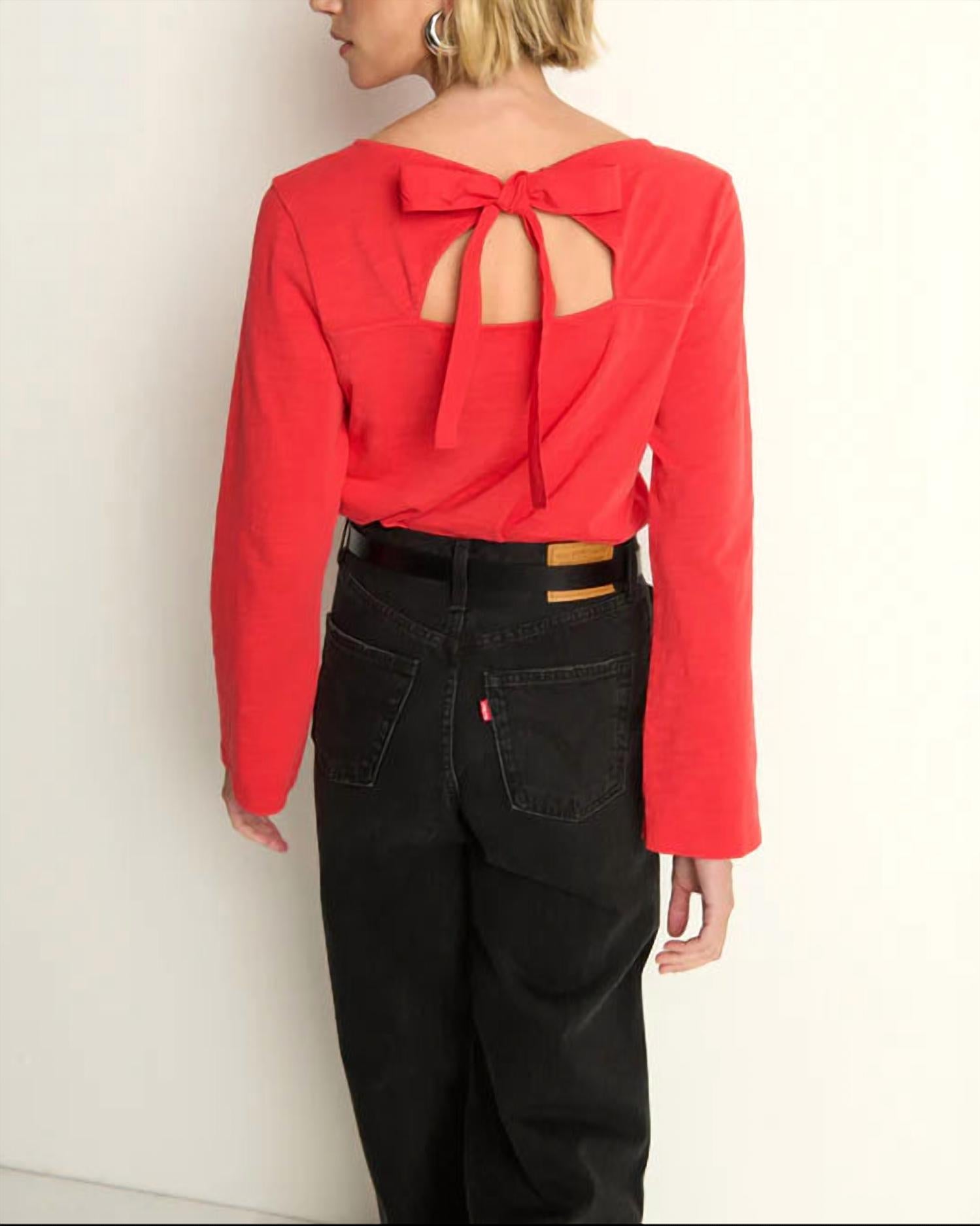 Nation LTD Tavin Tie Back Top in poinsettia 1 - women's long sleeve top - detail view