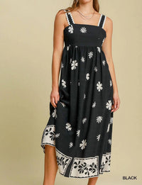 Umgee - Floral Border Print Midi Dress With Rick Rac Trim