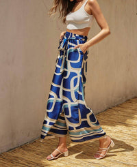 DRESS FORUM Printed Satin Wide Leg Pant in blue - women's pants - detail view