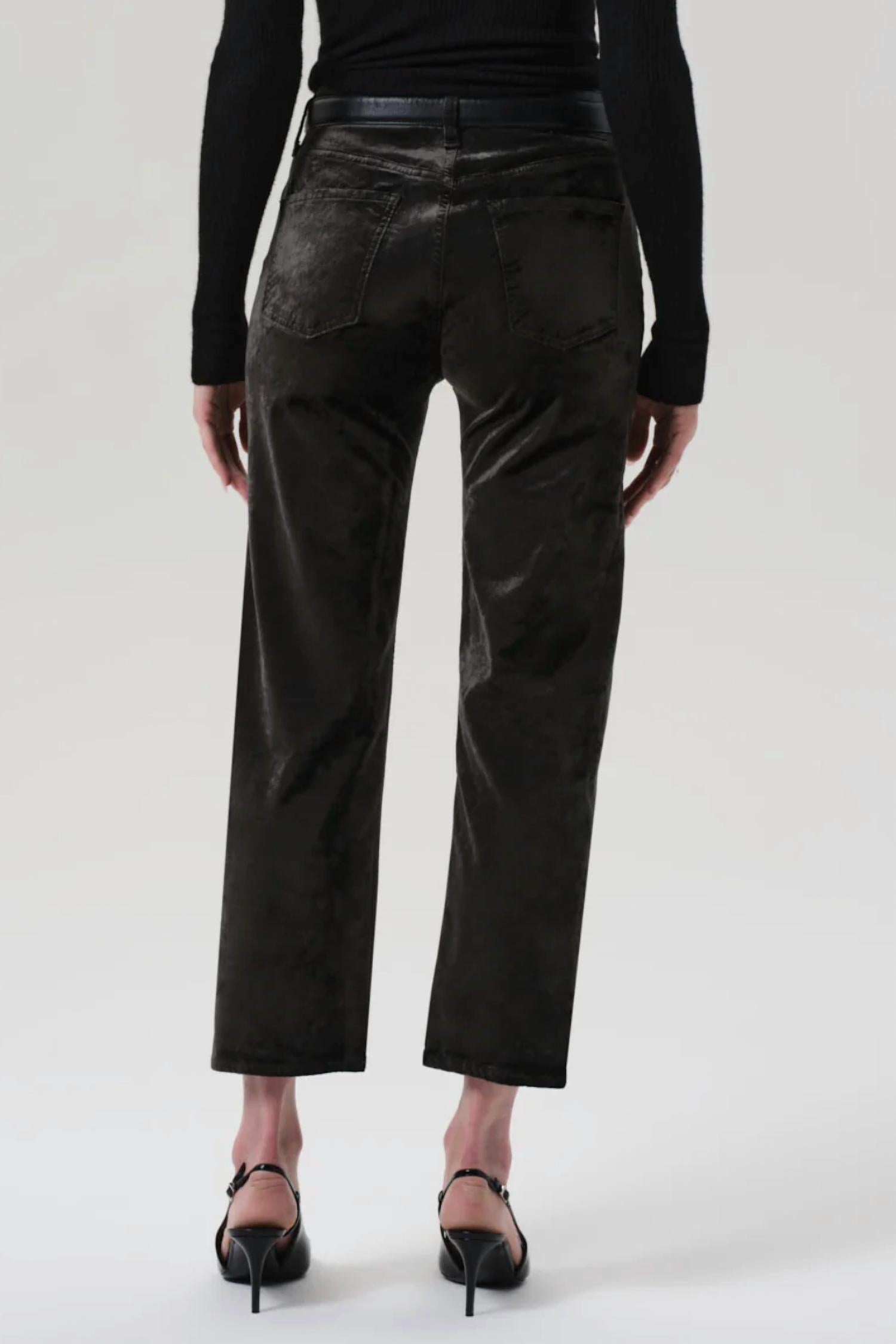 Citizens of Humanity Delfina Velvet High-rise Straight Leg Jeans in olive leaf - women's jeans - detail view
