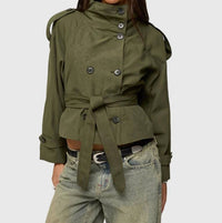 Hiddenbrand - Stand-collar Buttoned Belted Short Trench Coat