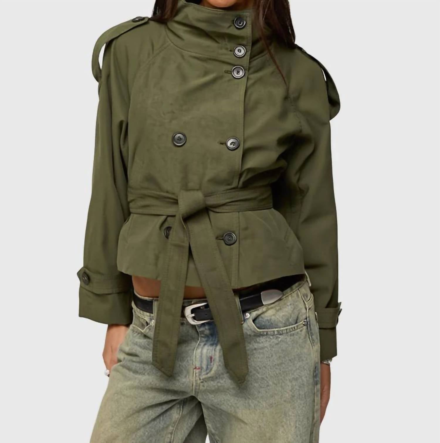 Hiddenbrand - Stand-collar Buttoned Belted Short Trench Coat
