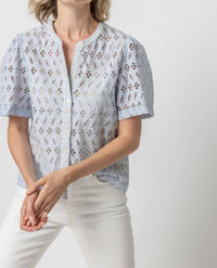 Lilla P - Women's Eyelet Short Sleeve Button Down Top