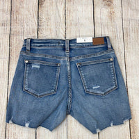 Judy Blue Women's Mid-rise Serape Patch Destroyed Shorts in blue - women's shorts - detail view