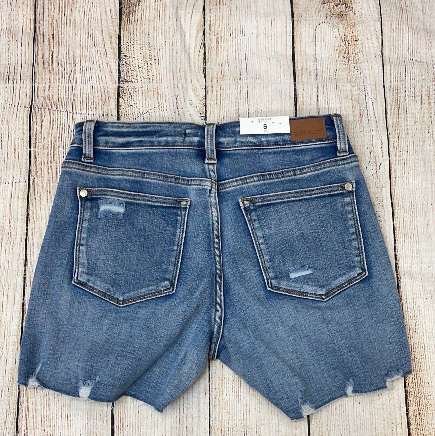 Judy Blue Women's Mid-rise Serape Patch Destroyed Shorts in blue - women's shorts - detail view
