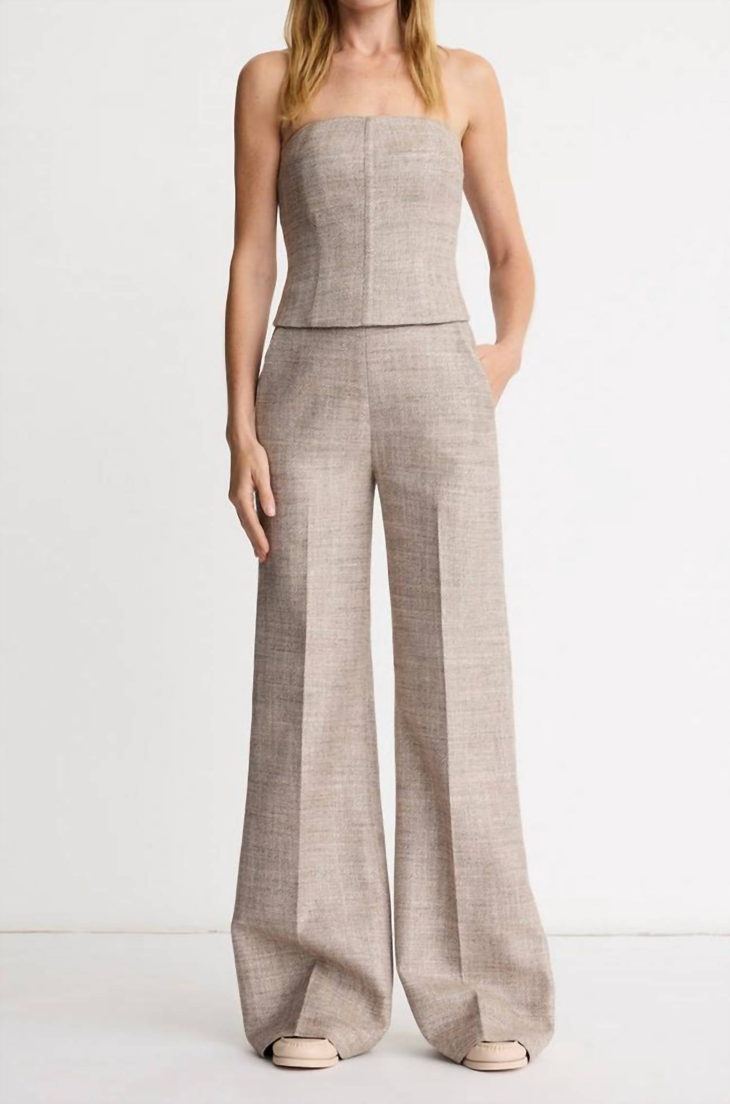 Smythe High Rise Wide Leg Pant in taupe tweed - women's pants - detail view