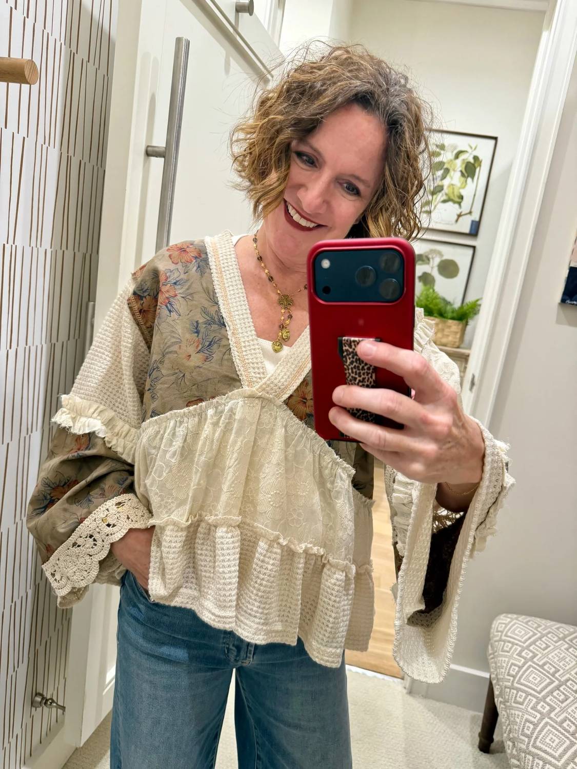 Pol - Earth-Toned Patchwork Peasant Top