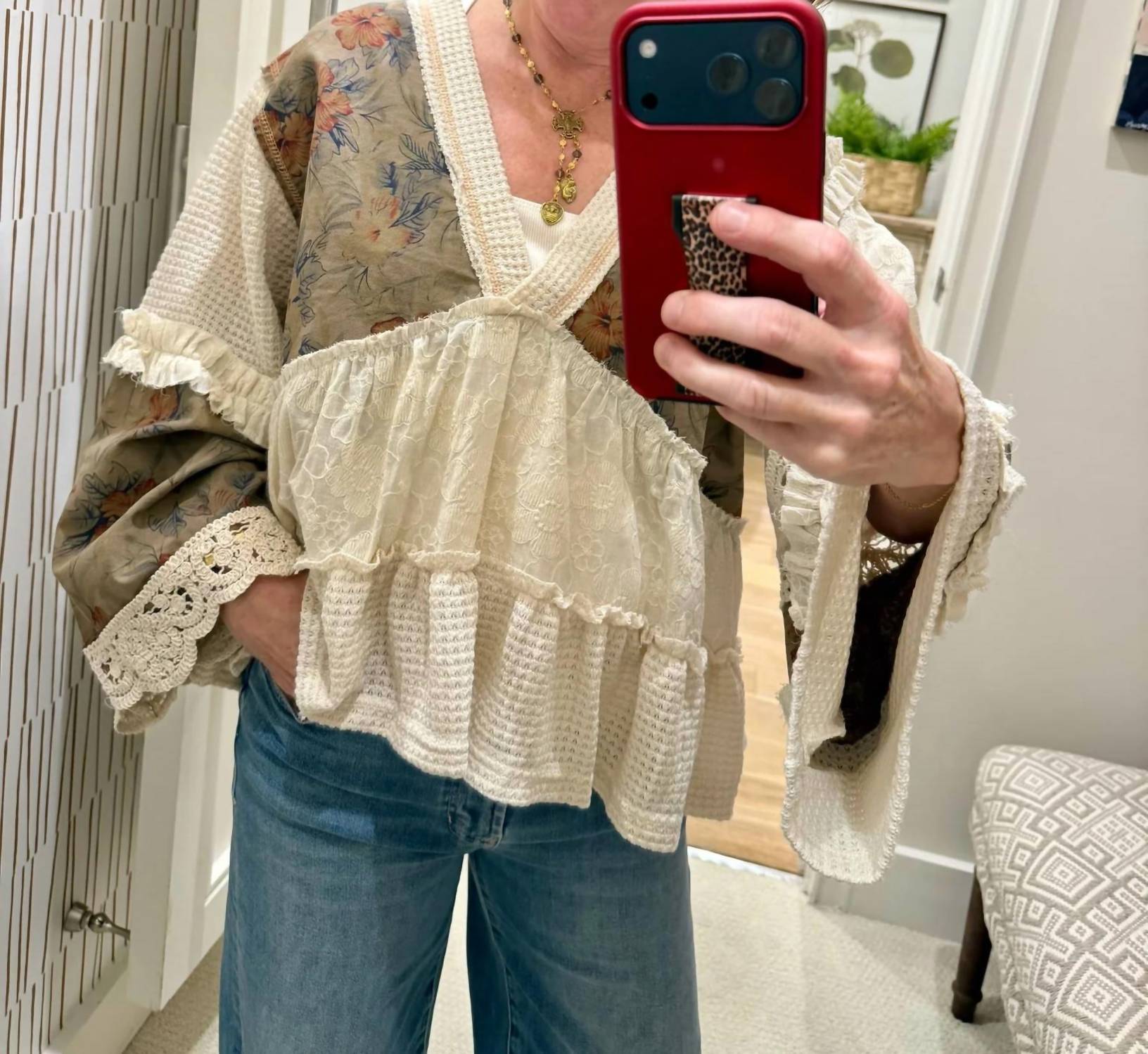 Pol - Earth-Toned Patchwork Peasant Top