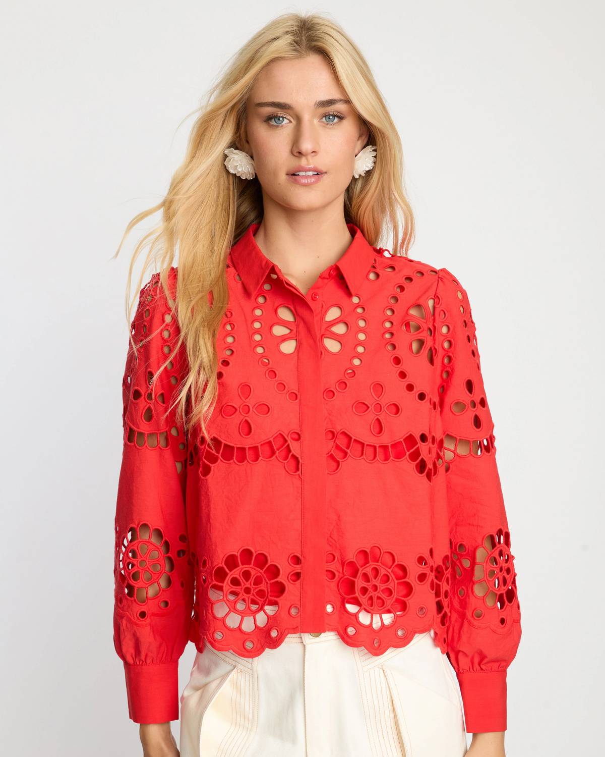 Caballero - Emmie Long Sleeves Blouse With Eyelet Lace