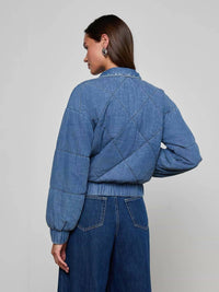 L'Agence Ryah Bomber Jacket in med washed denim - women's jacket - detail view