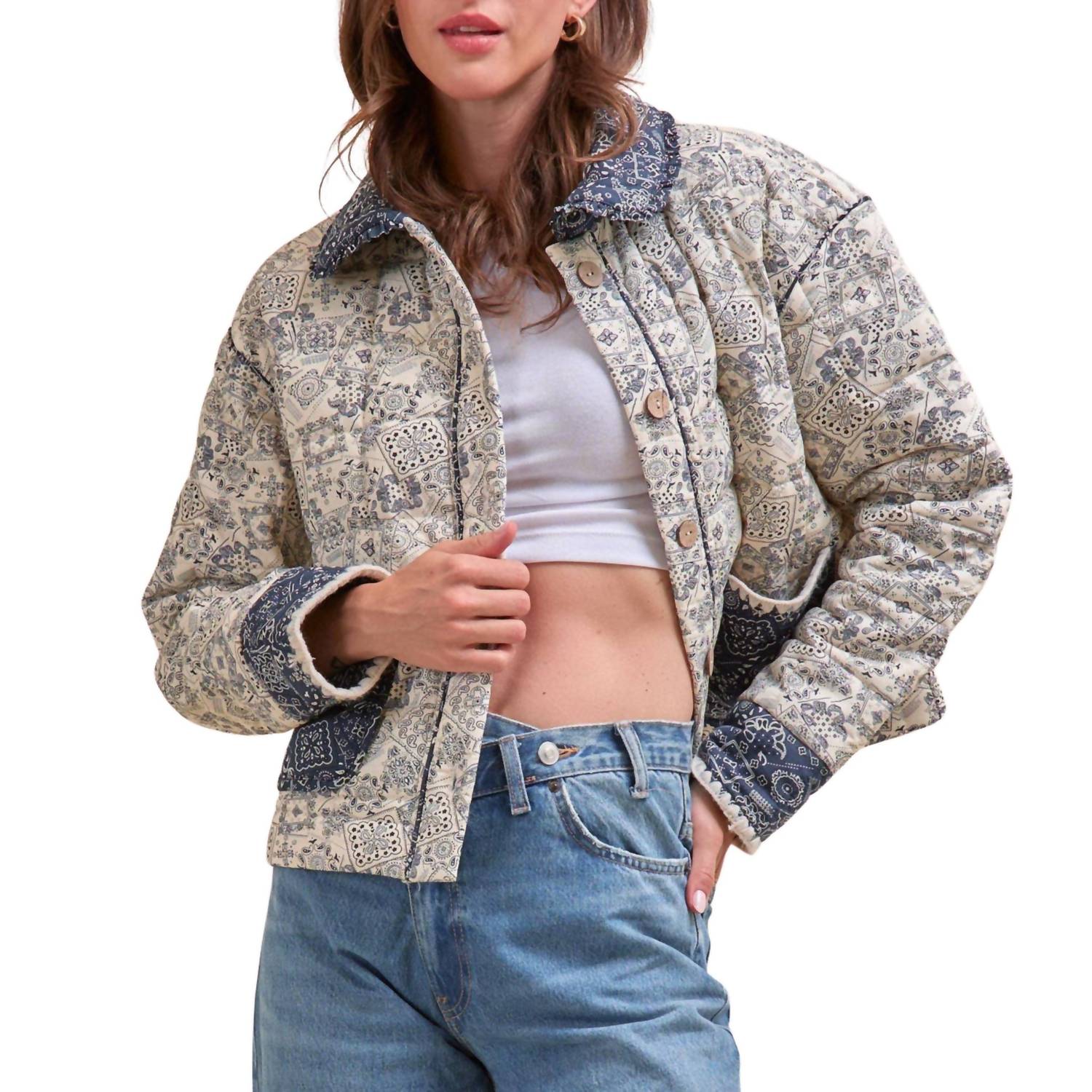 &merci Bandana Print Quilted Jacket in cream - women's jacket - detail view
