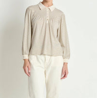 Nation LTD Cecilia Collared Top in espresso pinstripe - women's long sleeve top