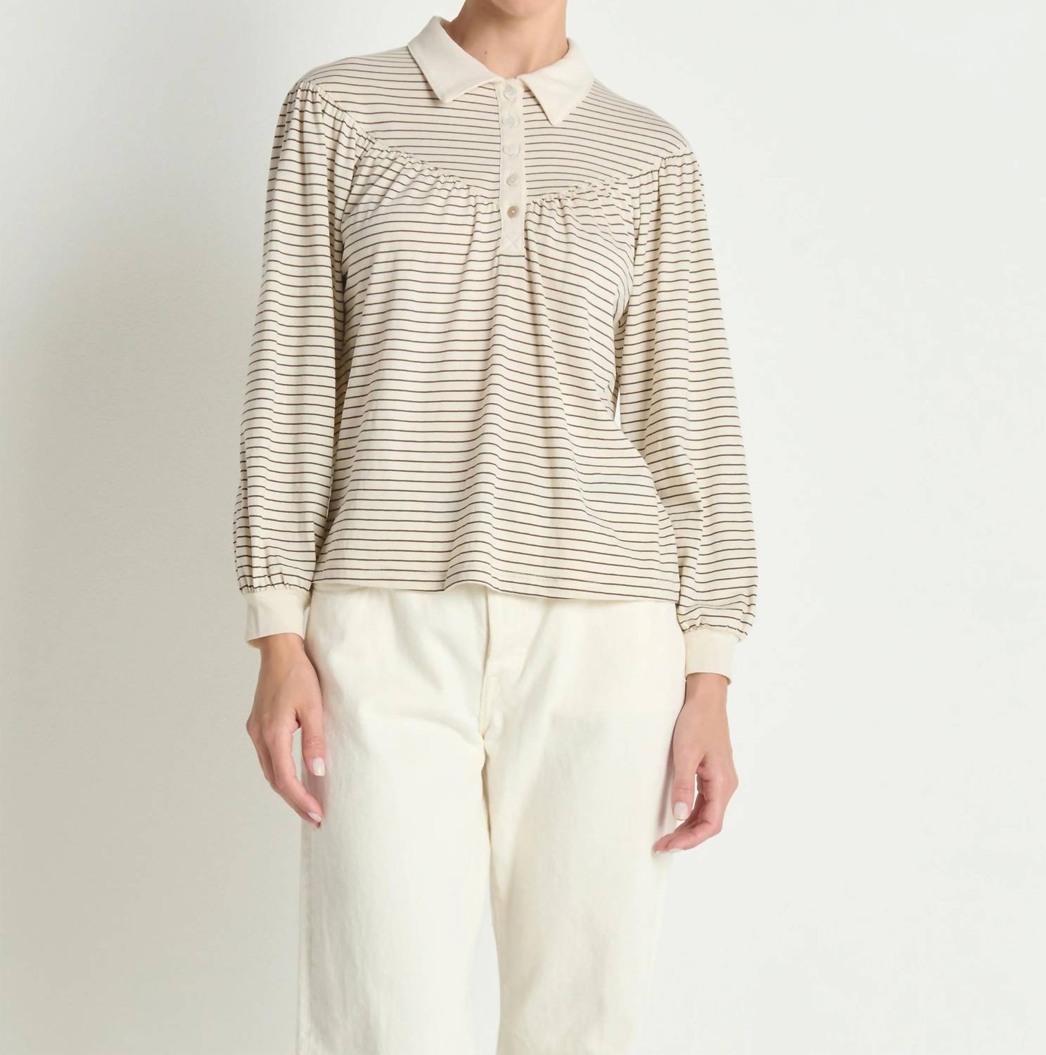 Nation LTD Cecilia Collared Top in espresso pinstripe - women's long sleeve top