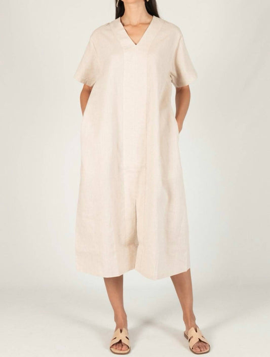 P.Cill - Linen V-neck Short Sleeve Front Slit Midi Dress
