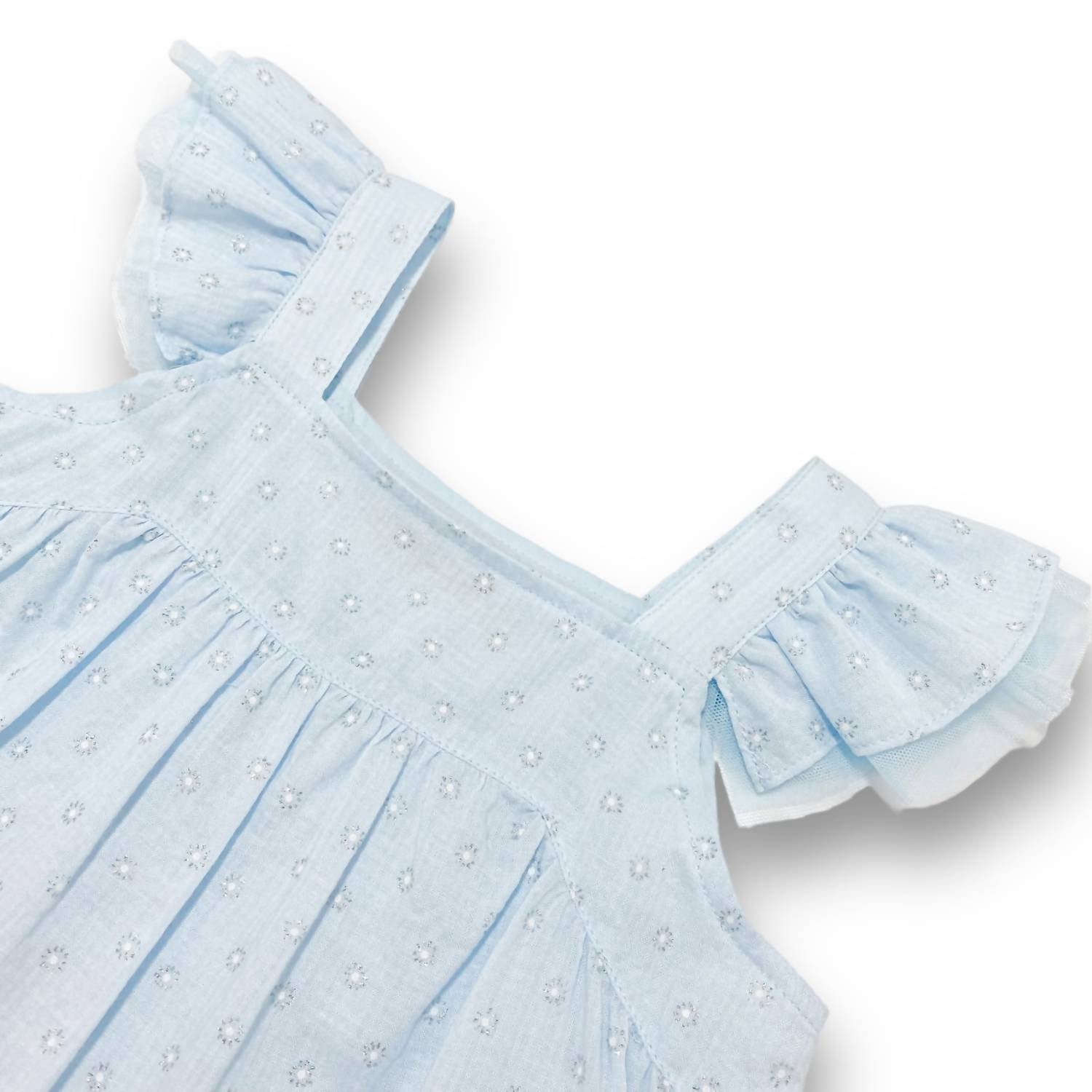 doe a dear Girl's Ruffle Sleeve Top in blue daisy - kids' blouse - alternate view