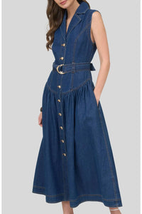 Zoe And Claire - Belted Sleeveless Denim Maxi Dress