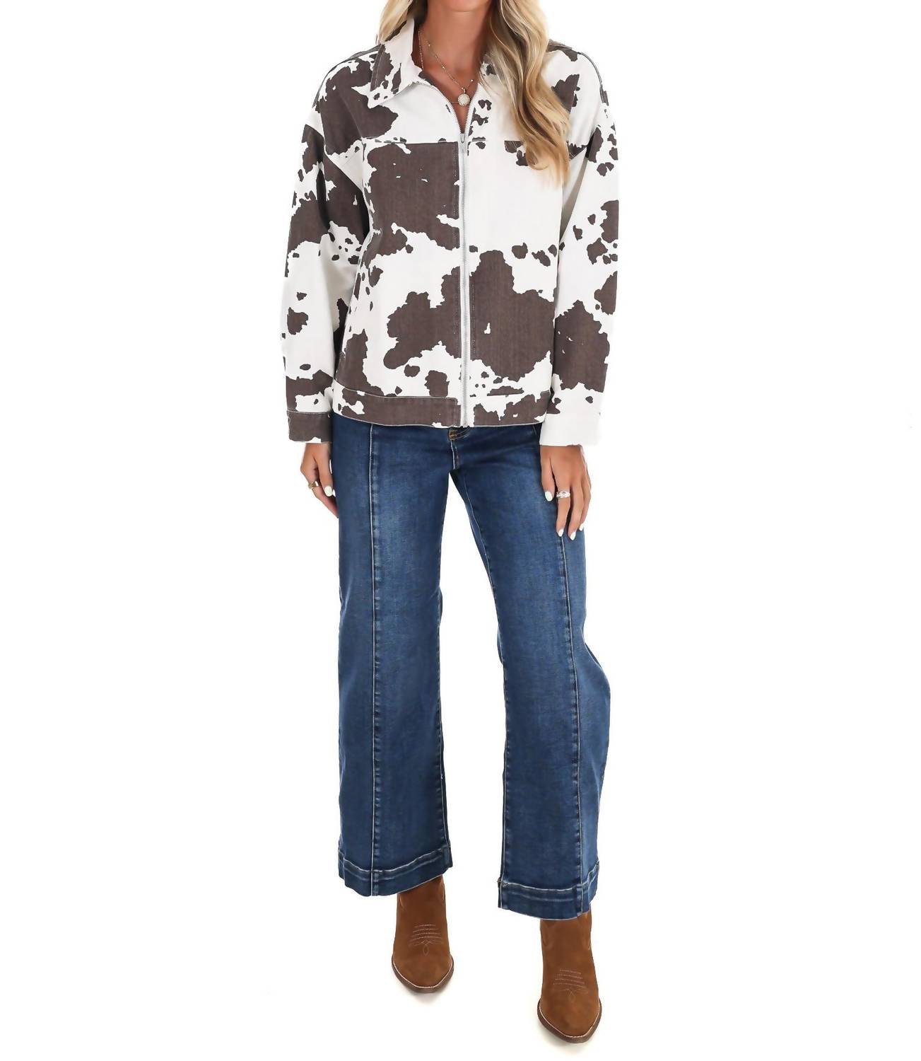 Le Lis - A Cowgirl's Favorite Cow Print Denim Jacket