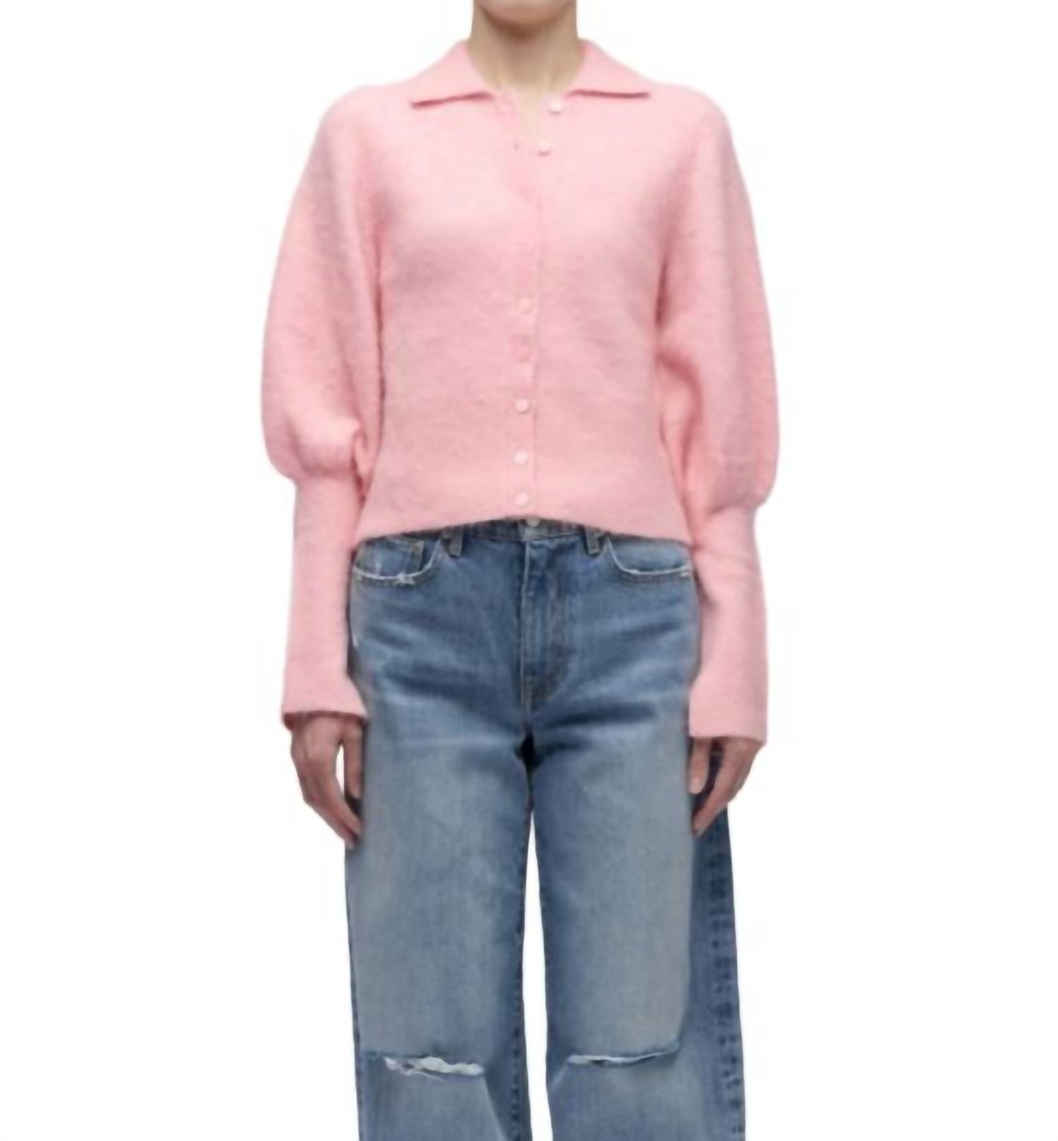 SIMKHAI Arber Collared Cardigan in pink - women's cardigan - detail view
