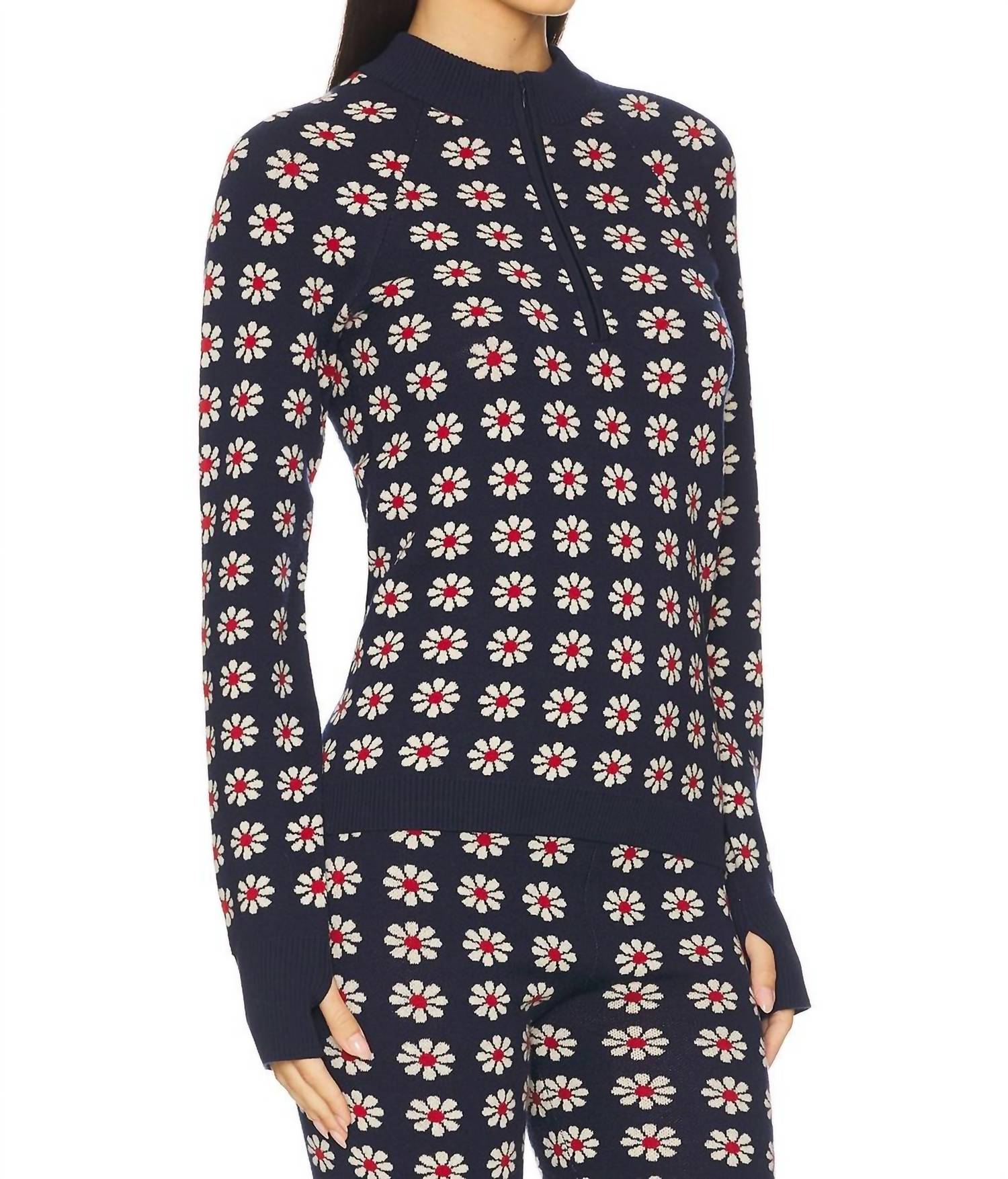 THE GREAT. Merino Quarter Zip Sweater in frosted daisy - women's sweater - detail view