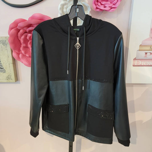 Tricotto - Faux Leather/Rhinestone Accent Zip Front Jacket