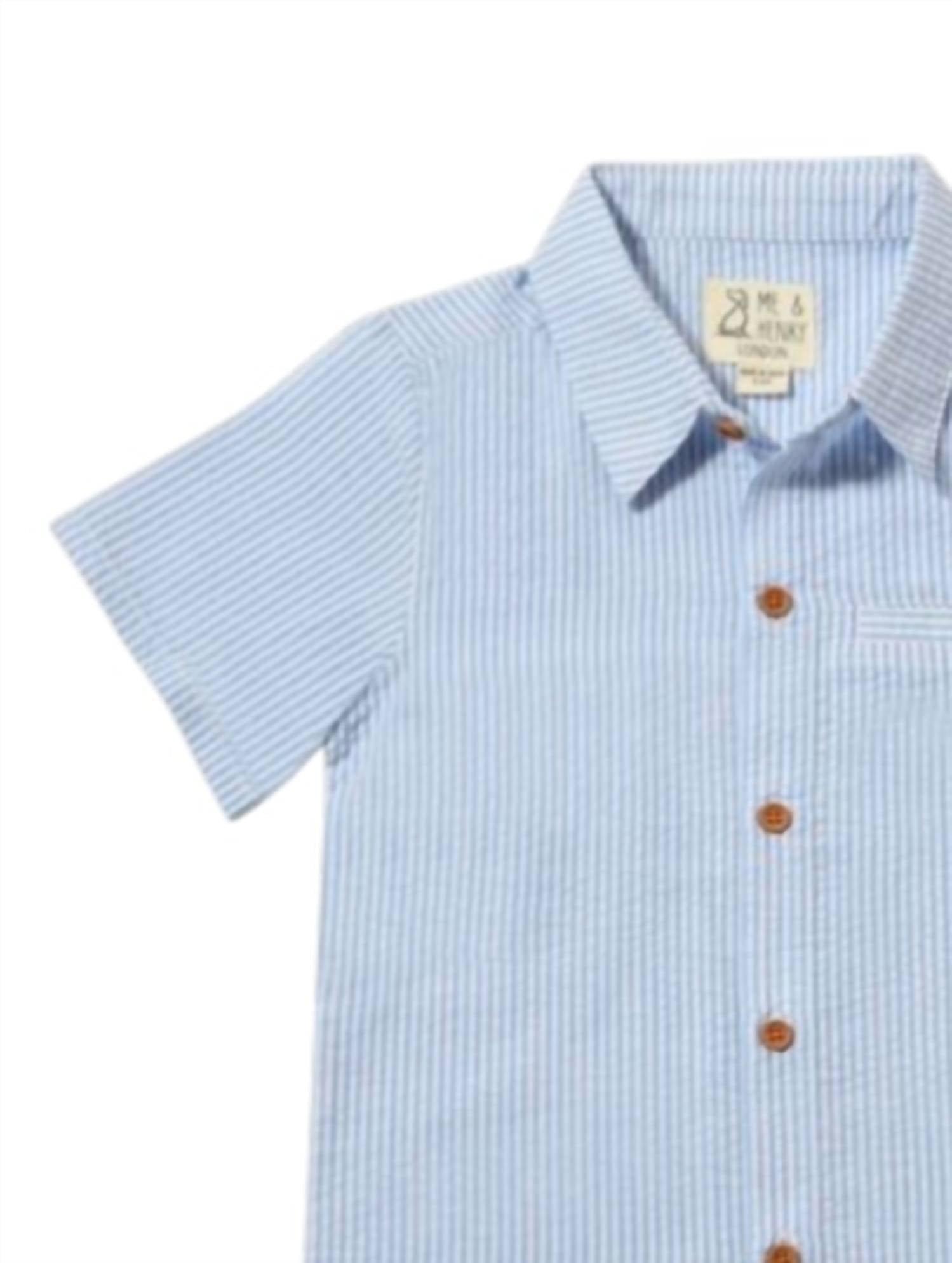 ME & HENRY Boy's Newport Woven Shirt in blue seersucker - kids' t-shirt - detail view