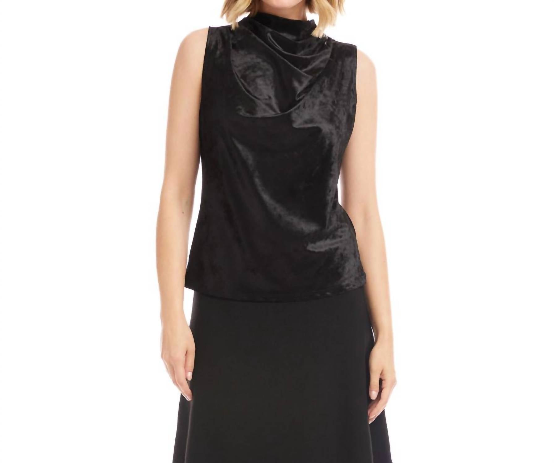 Karen Kane Sleeveless Crushed Velvet Drape Front Top in black - women's blouse