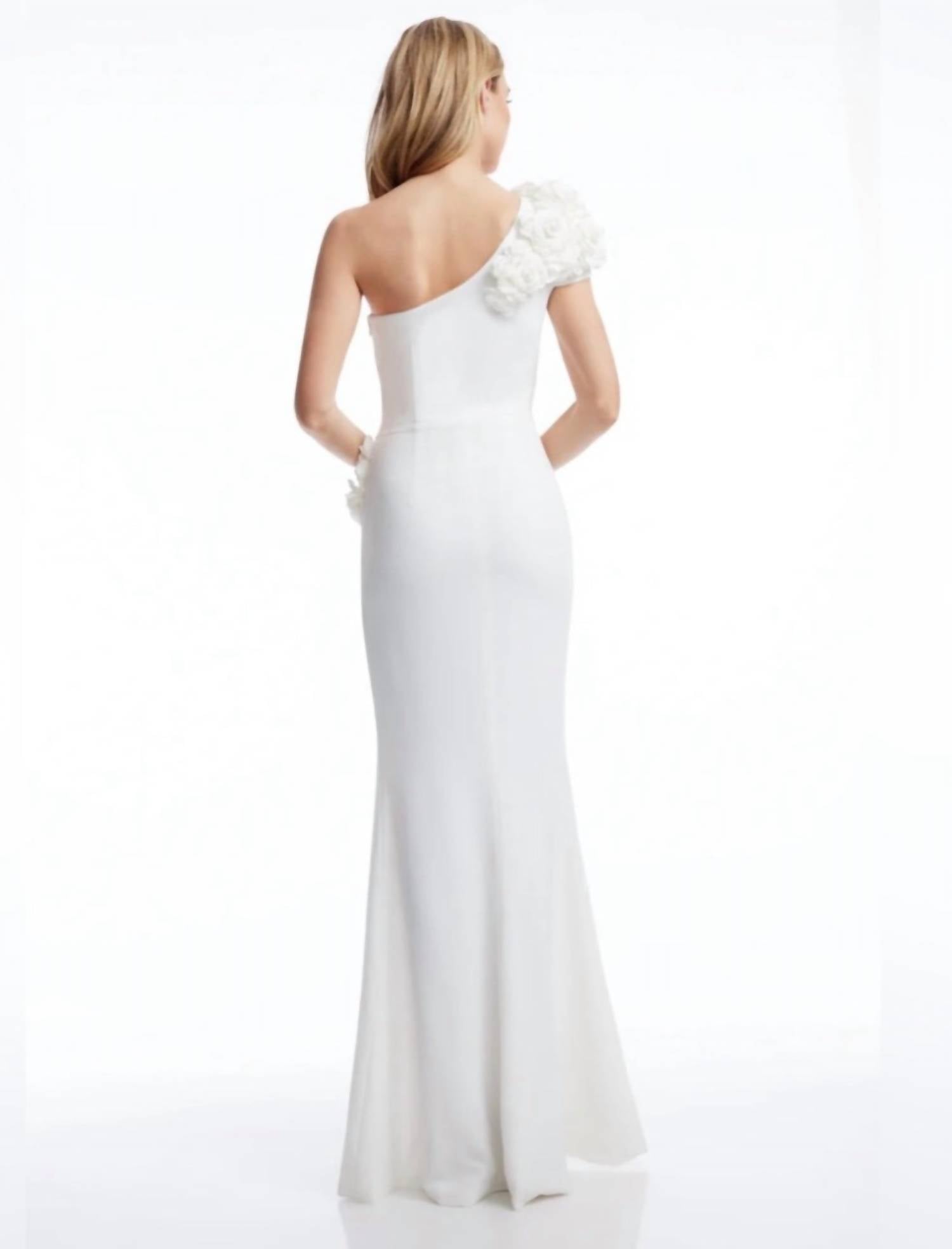 DRESS THE POPULATION Aubrielle Asymmetric 3d Floral Mermaid Gown in off white - women's dress - detail view