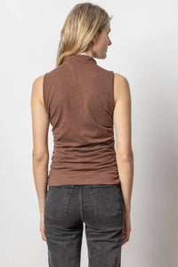 Lilla P Shirred Mock Neck Tank Top in java - women's tank top - alternate view