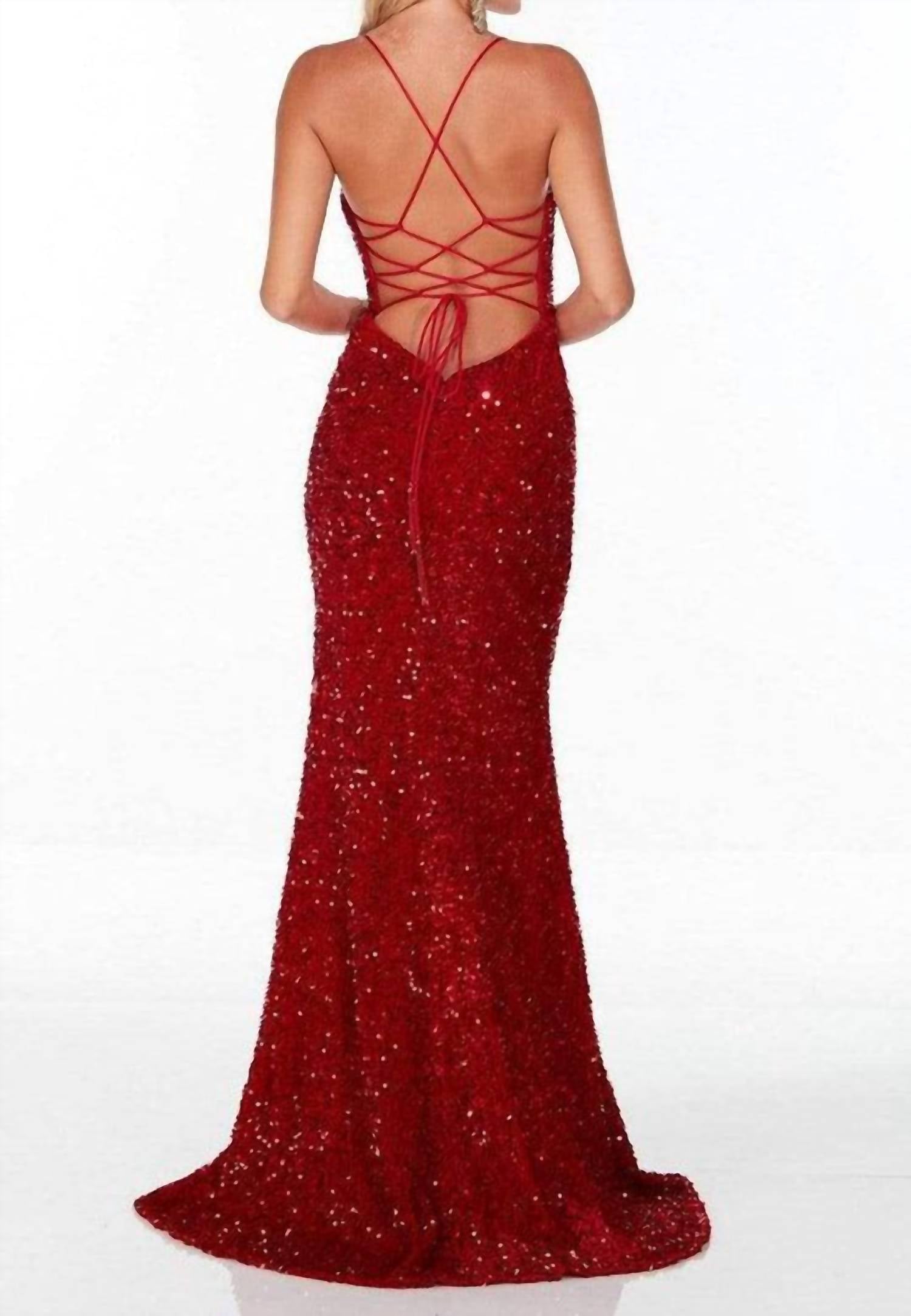 ALYCE PARIS Spaghetti Strap Sequin Evening Gown in red - women's dress - detail view