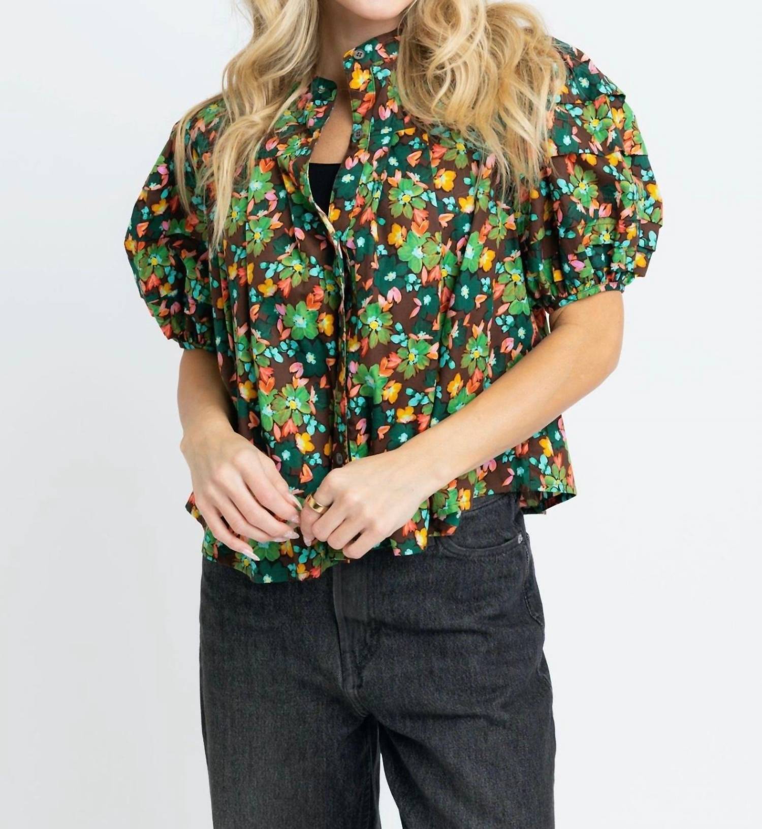 Karlie Floral Button Pleat Top in brown multi - women's blouse - alternate view