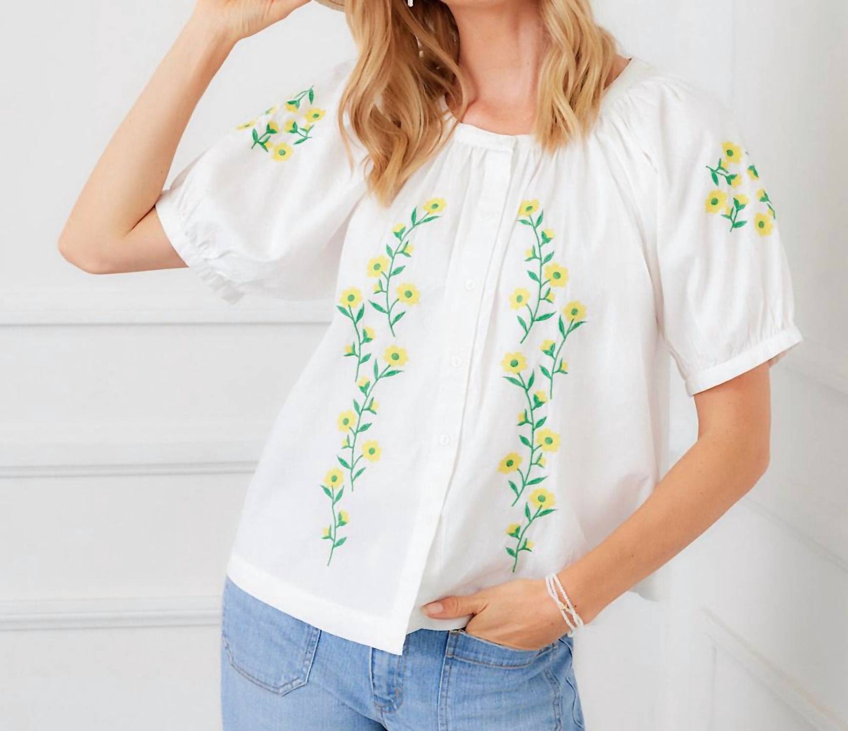 Karen Kane Puff Sleeve Embroidered Peasant Top in off white - women's t-shirt - view 4
