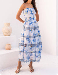 Strut & Bolt - Floral Print Smocked Lace Trim Midi Dress