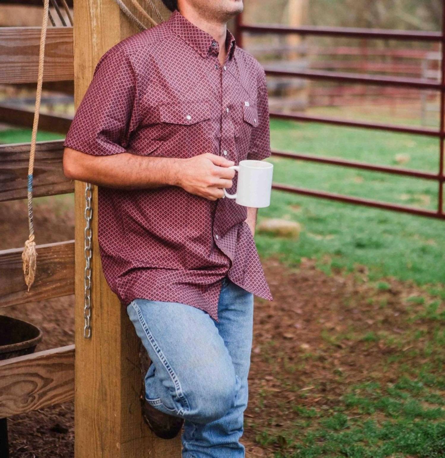 Ferrell Nicholas Pearl Snap Short Sleeve Shirt in burgundy - men's shirt - detail view