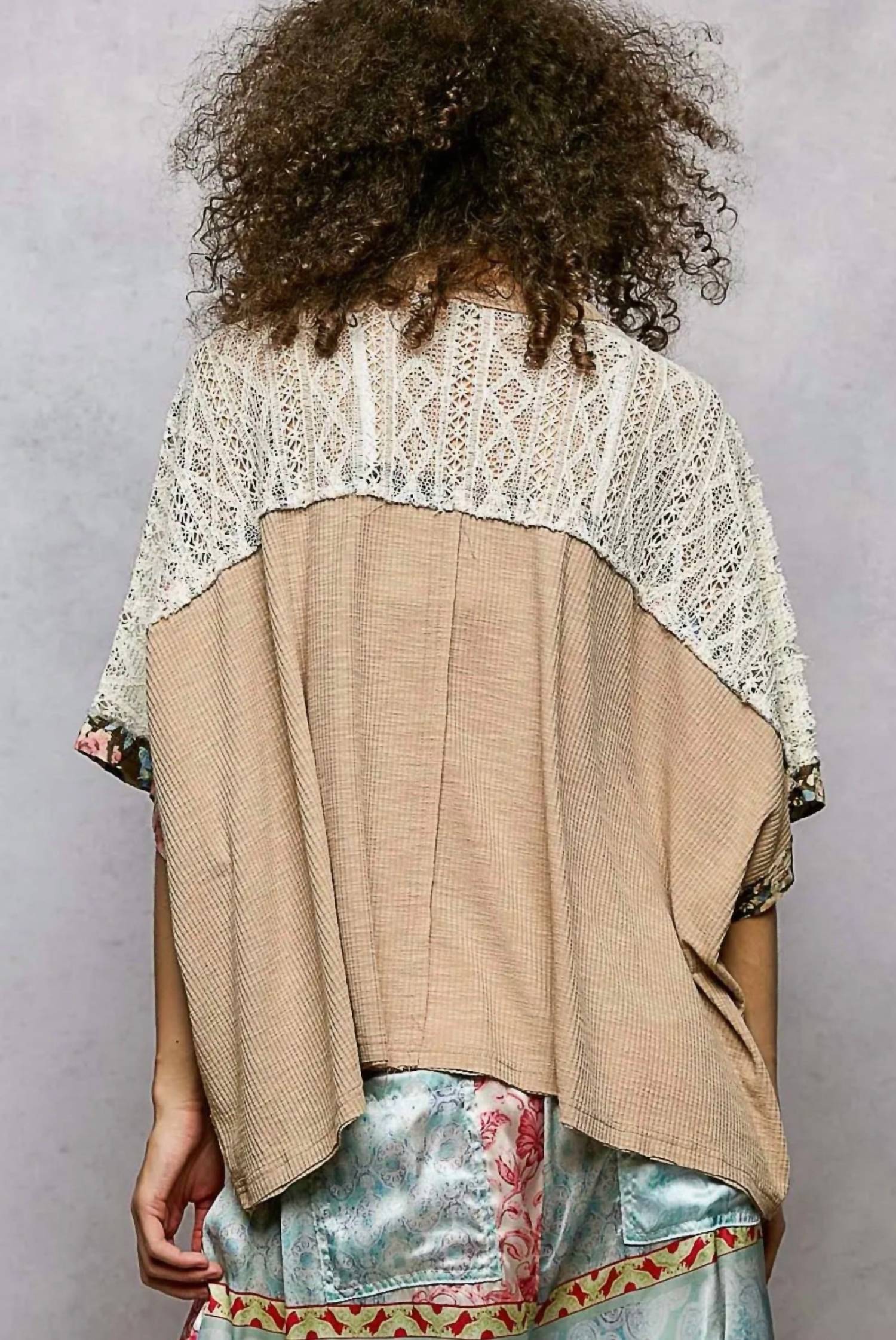 POL Floral Lace Top in multi brown grey - women's blouse - alternate view