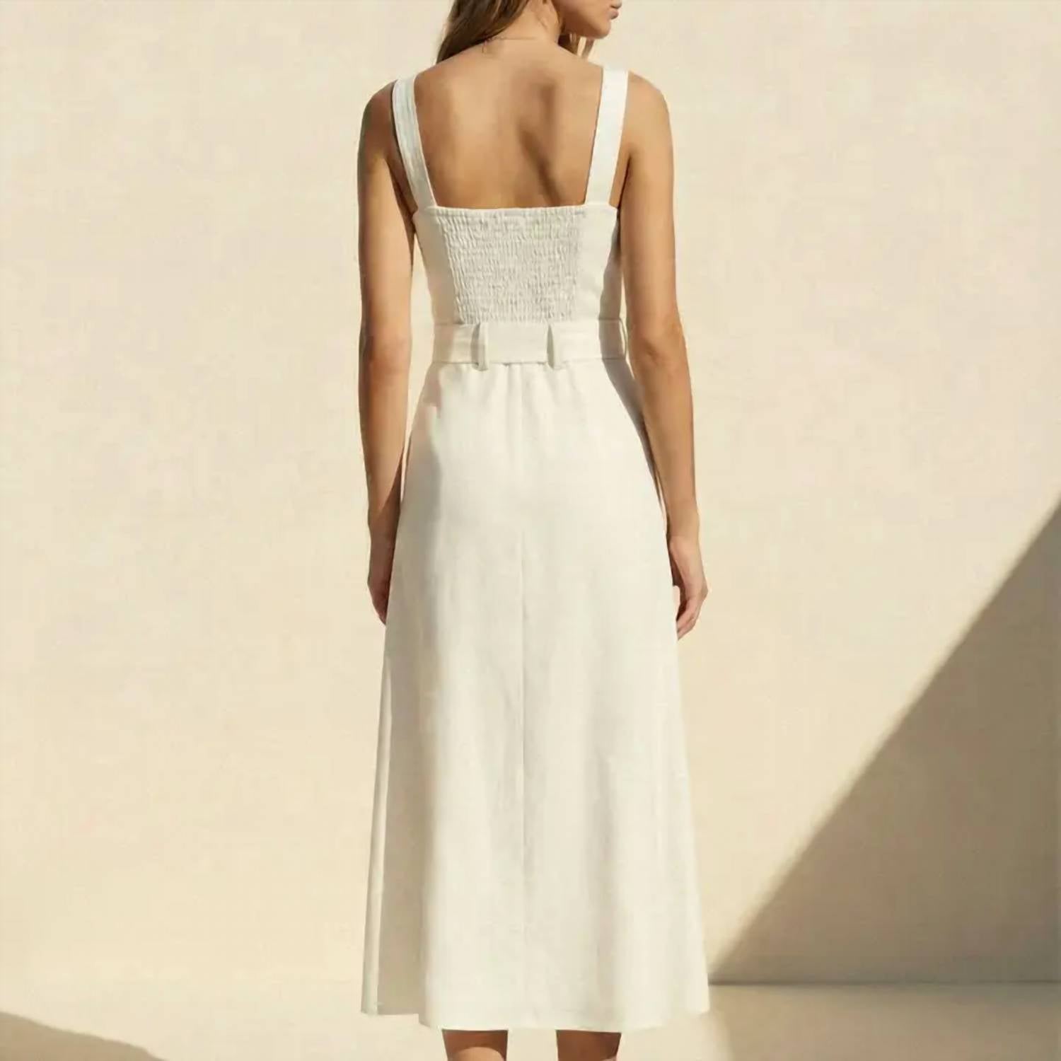 Dress Forum - Linen Square Neck Buckle Midi Dress