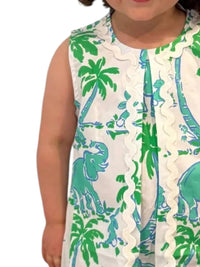 SAIL to SABLE Girl's Sleeveless Ric-rac Shift Dress in elephant print - kids' dress - detail view